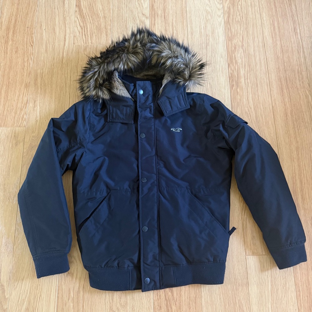 Hollister Bomber Parka Jacket Mens Large Black Faux Fur Hood Quilted Coat Unisex